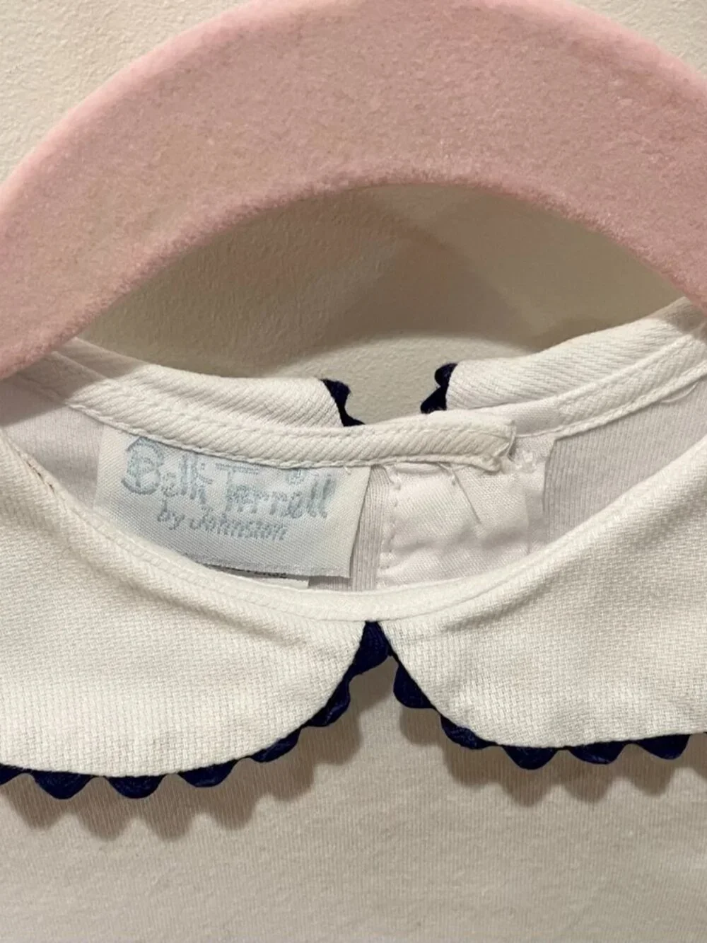 Girls White Peter Pan Collar shirt with Navy Ric Rac Trim - Sz 24 mo.